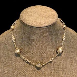 Brighton silver necklace with rhinestones and pearl accents. Adjustable 16-18”.